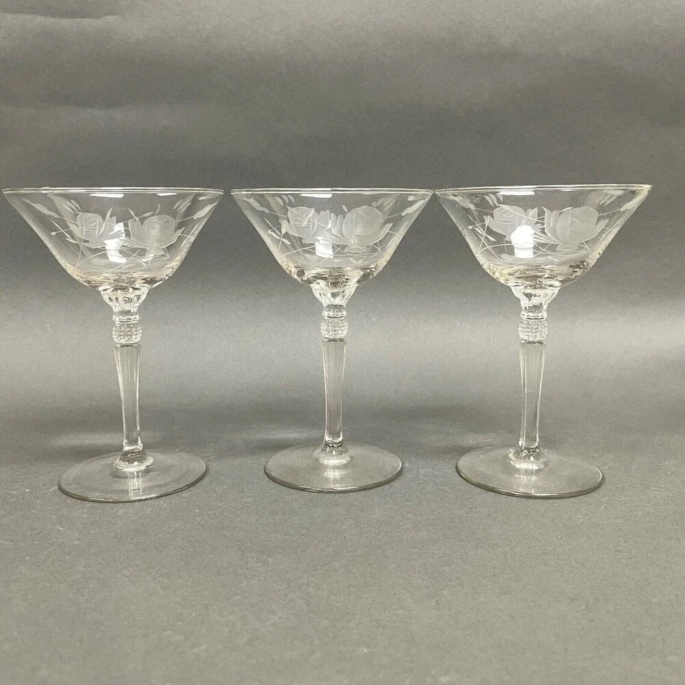 Vintage Wine Glass Glasses Clear Etched Roses Floral 6